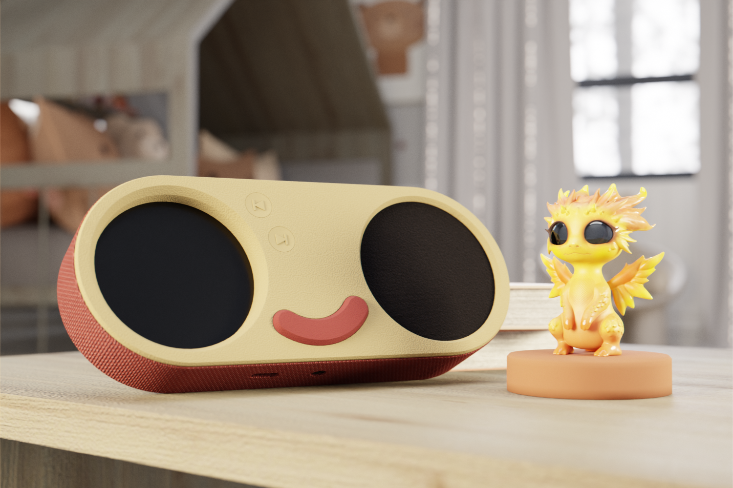 A Yuhka Hub in dusty rose on a wooden shelf, with a golden dragon figure beside it.