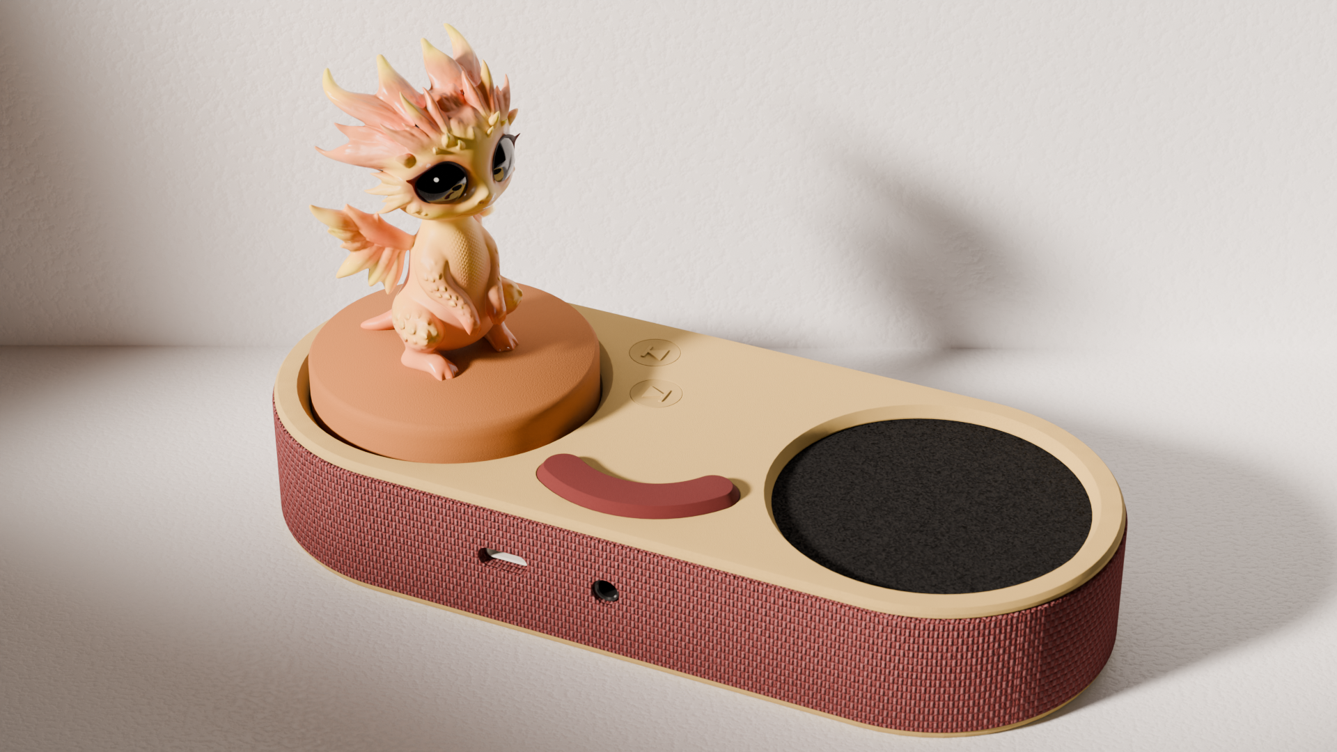 A small hand-sculpted dragon figure resting on the Hub's stage.